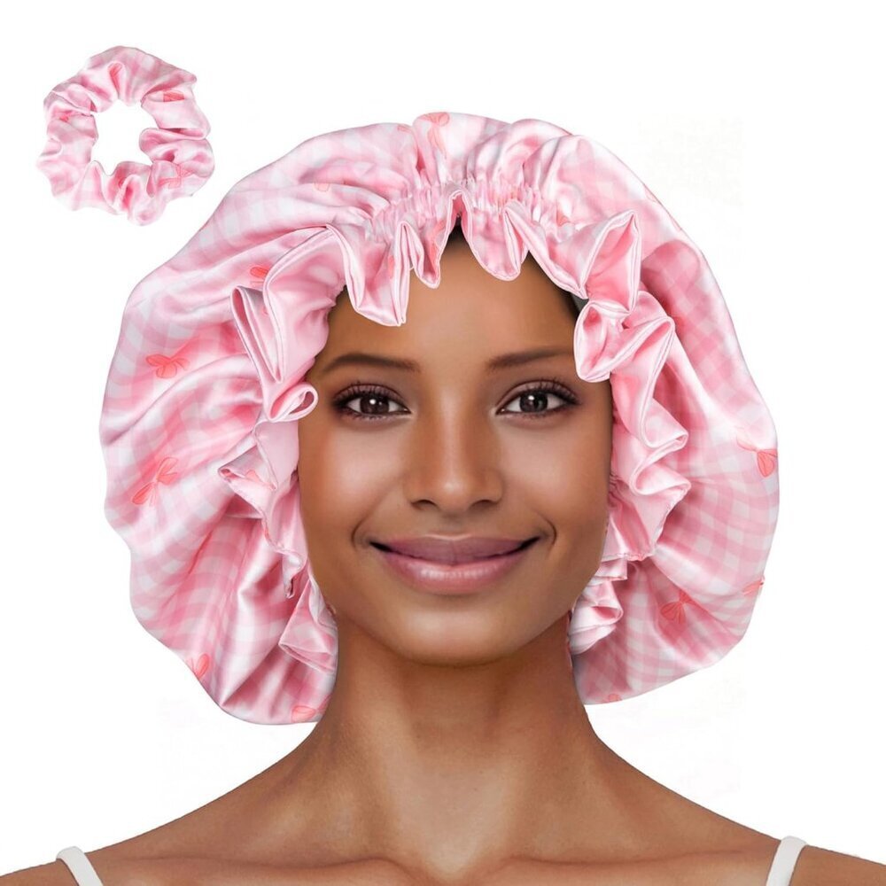 Floral Satin Sleep Cap Reusable Shower Bonnet with Scrunchie Pink